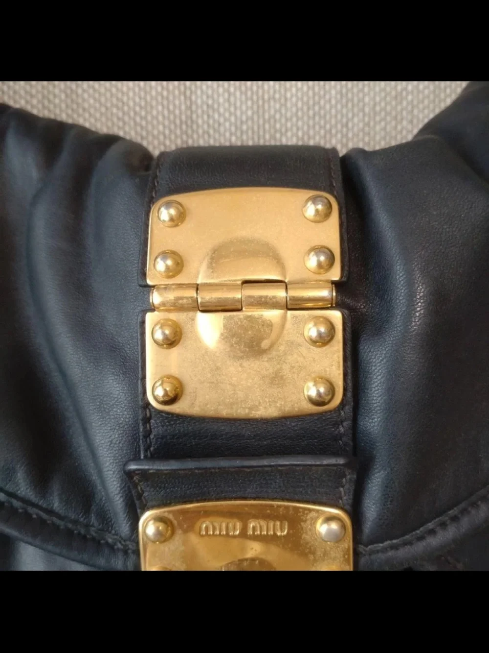 Miu Miu Black Ruched Leather Shoulder Bag with Gold Hardware